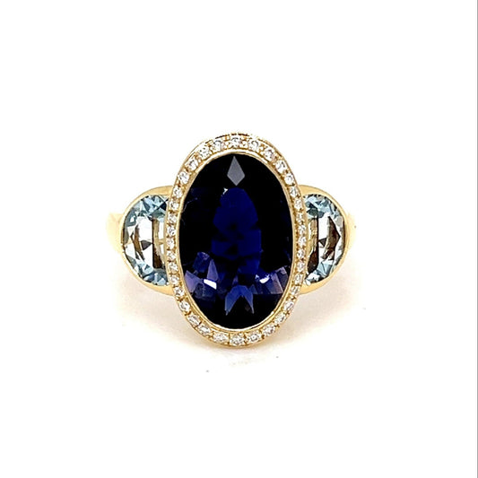 18ct Yellow Gold Iolite, Blue Topaz and Diamond Ring